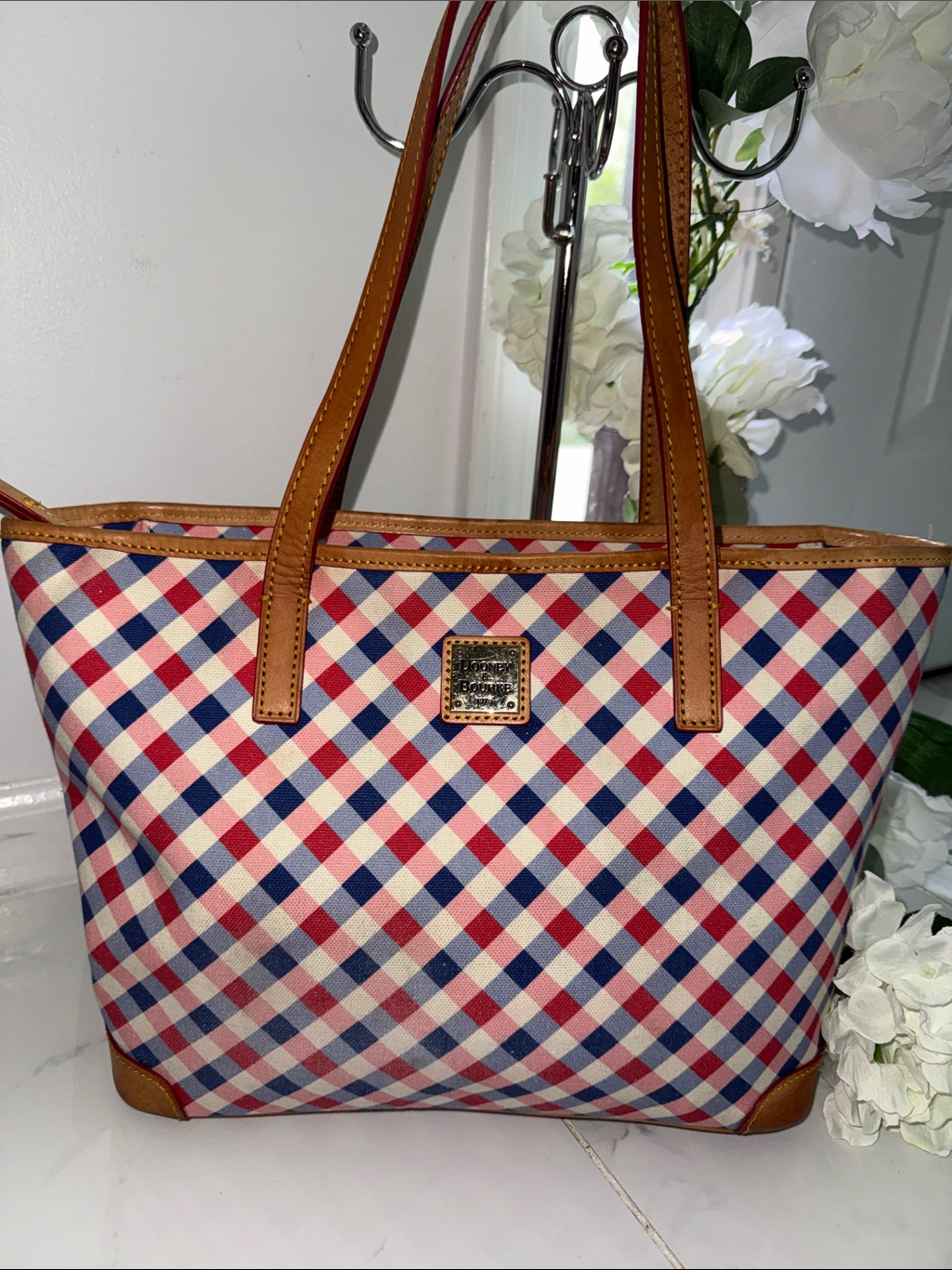 Dooney & Bourke Red Navy Check Tote With Tan Leather Trim